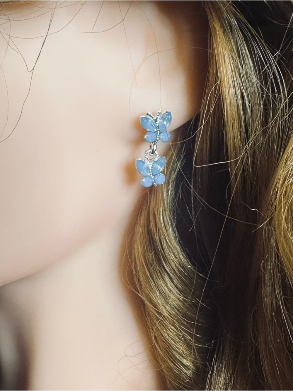 Blue Butterfly Dangle Earrings Silver Tone Double Butterfly Statement - Picture 6 of 11
